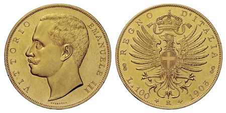 イタリア ヴィットーリオ エマヌエーレ3世の100リレ金貨について 